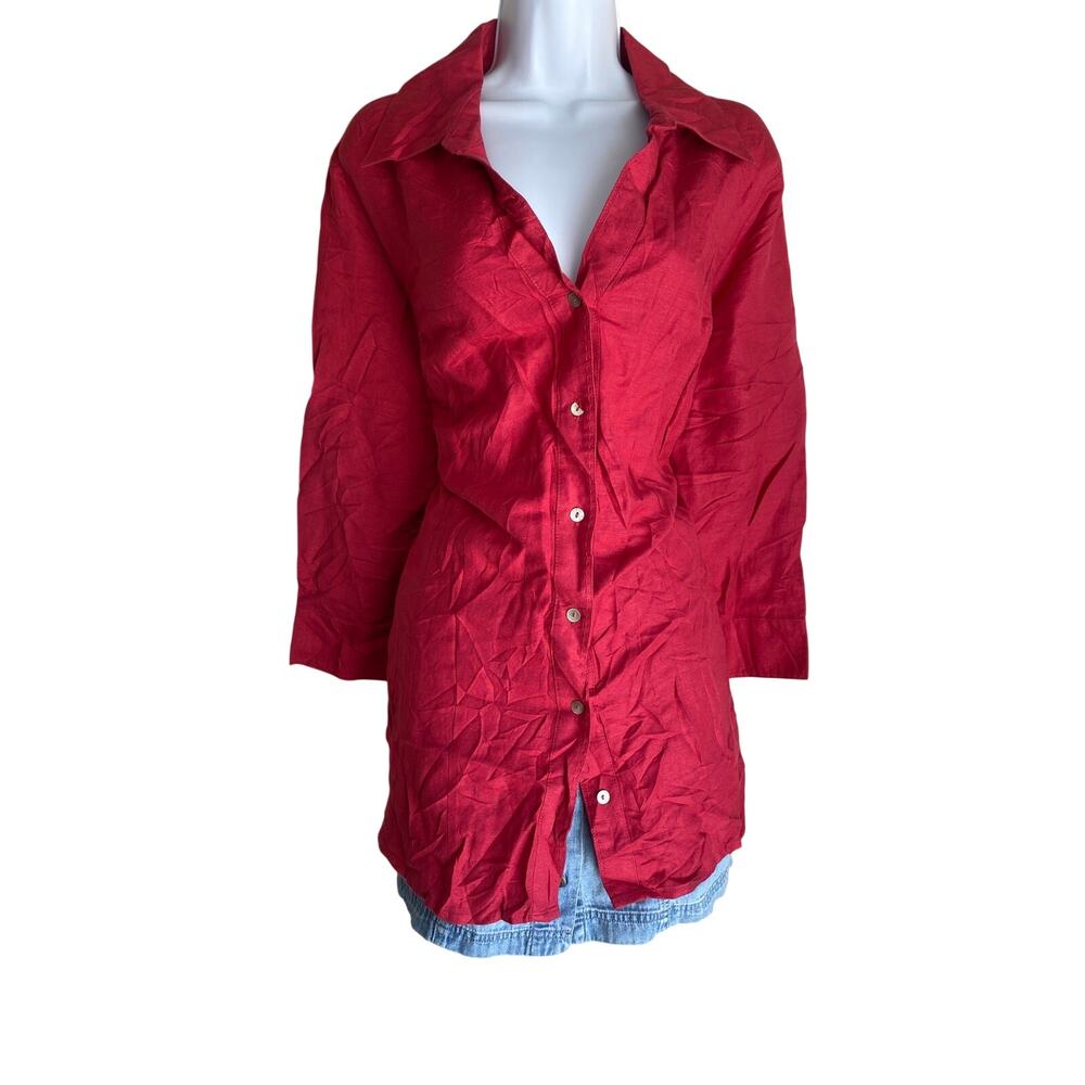 Linen Avenue Plus 22 Button Up Red Tunic Boho Collared Blouse Officecore Retro